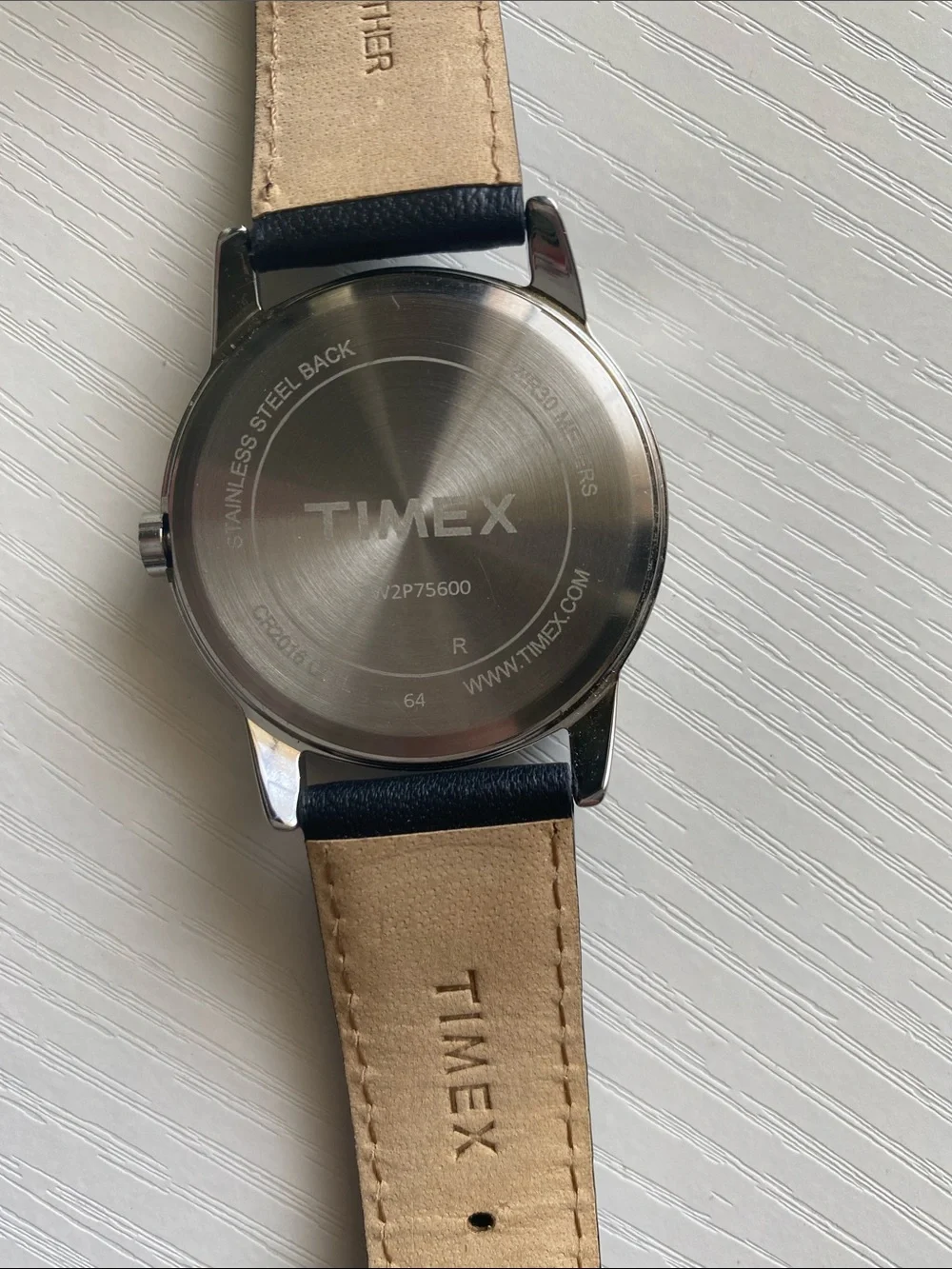 Timex Silver Case Watch with Black Leather Strap and White Dial